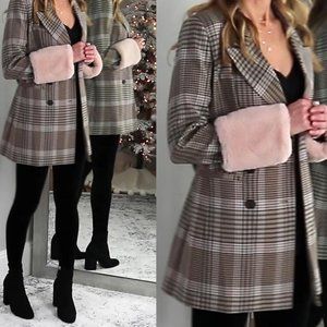 [Halogen x atlantic-pacific] Faux Fur Cuff Plaid Coat